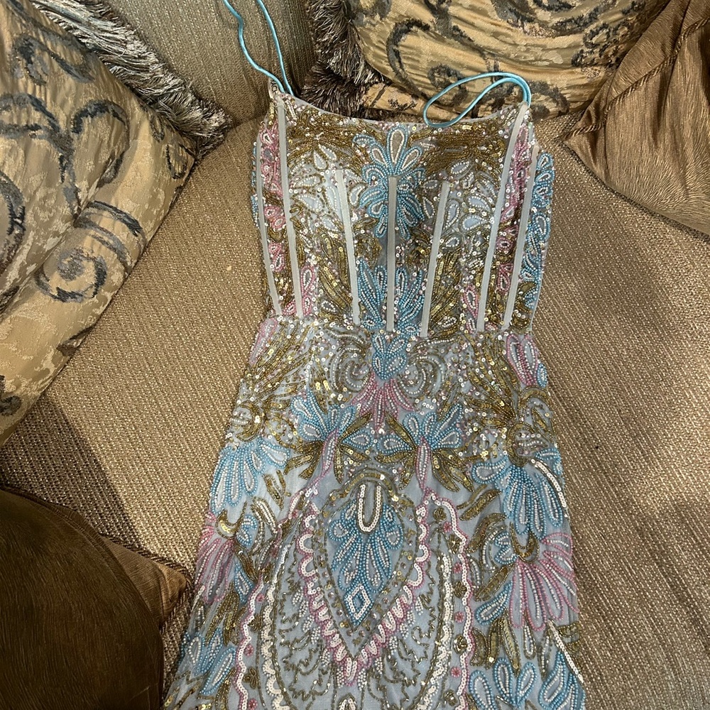 Elegant Beaded Dress in Blue and Gold